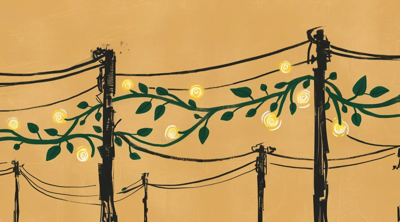 Wires and poles stretch across the canvas, with vines in dark green carrying glowing data nodes.
